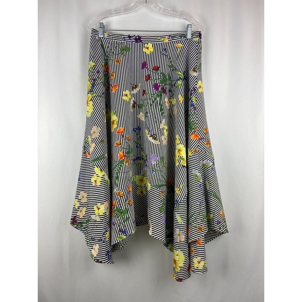 EUC Calvin Klein Skirt Sz M Floral Striped Midi Asymmetrical Hem Ruffle Stretch
